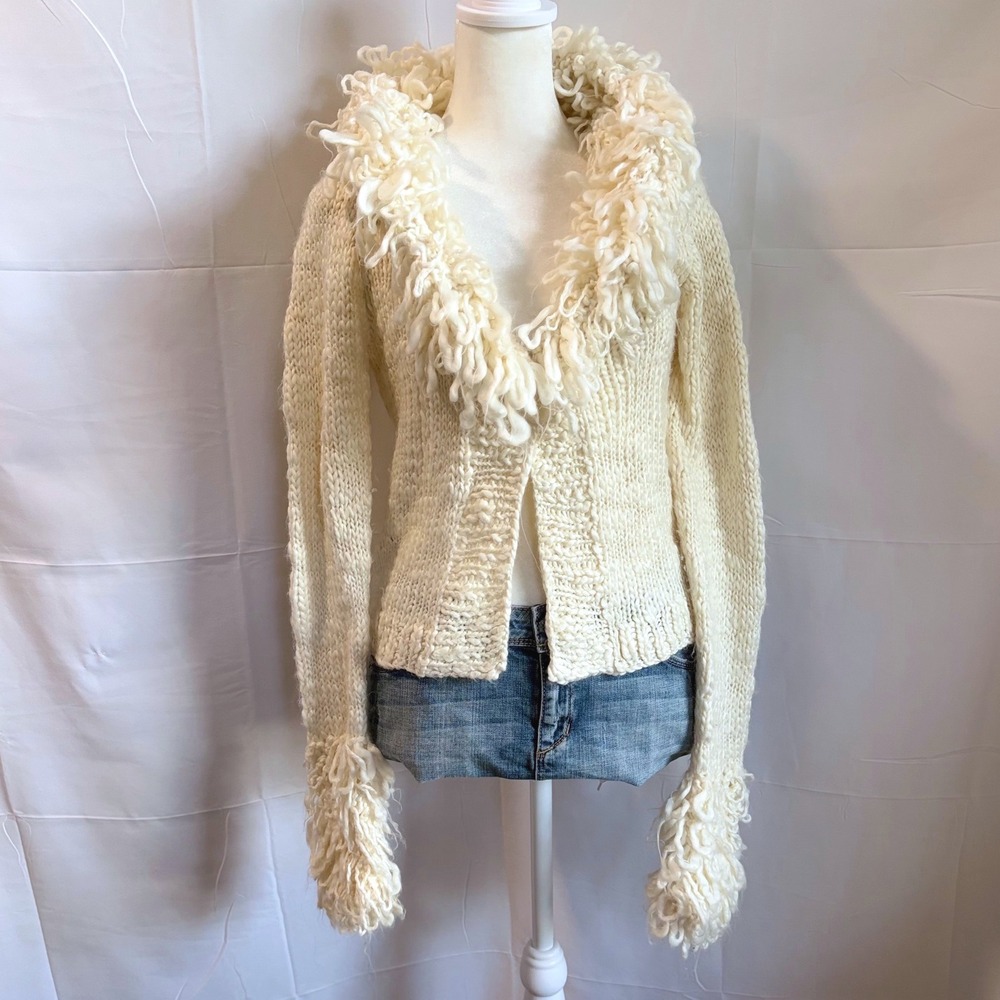 Y2K Fairy Cream Chunky Knit Shaggy Loop Trim Button Front Cardigan